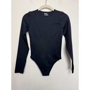 Long Sleeve Small Shapewear Bodysuit Black Crewneck Ribbed Fitted Stretch Snap